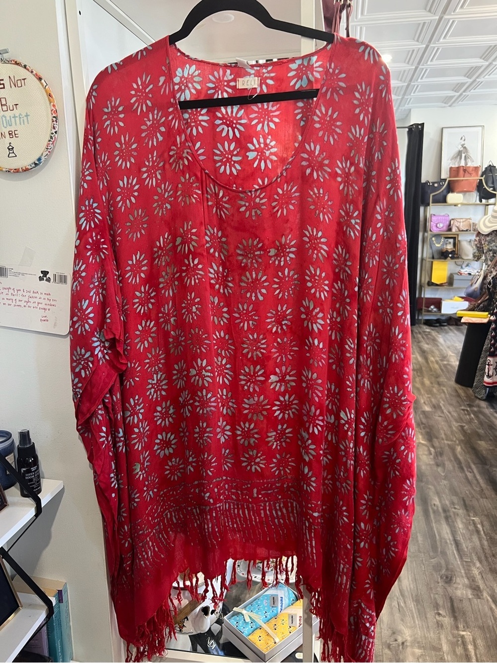 Red Floral Print Boho Fringe Tunic Top